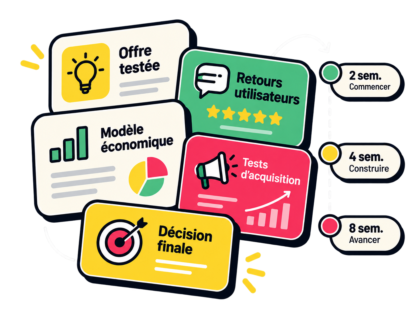 Les jalons du programme : offre testée, retours utilisateurs, modèle économique, tests d'acquisition, décision finale